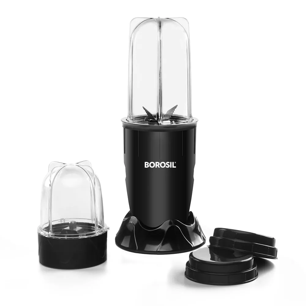 Borosil NutriFresh 2-in-1 Mini-Blender & Grinder - 400W, Black with 500ml Smoothie Jar & 300ml Chutney Jar