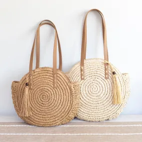 Elena Handbags Straw Woven Round Tote with Leather Strap and Tassel