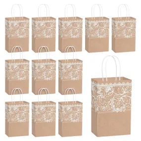 Kraft Brown and Lace Print Paper Gift Bags and Party Favor Bags, Small 5.25x3.5x8.25" (12 Pack)