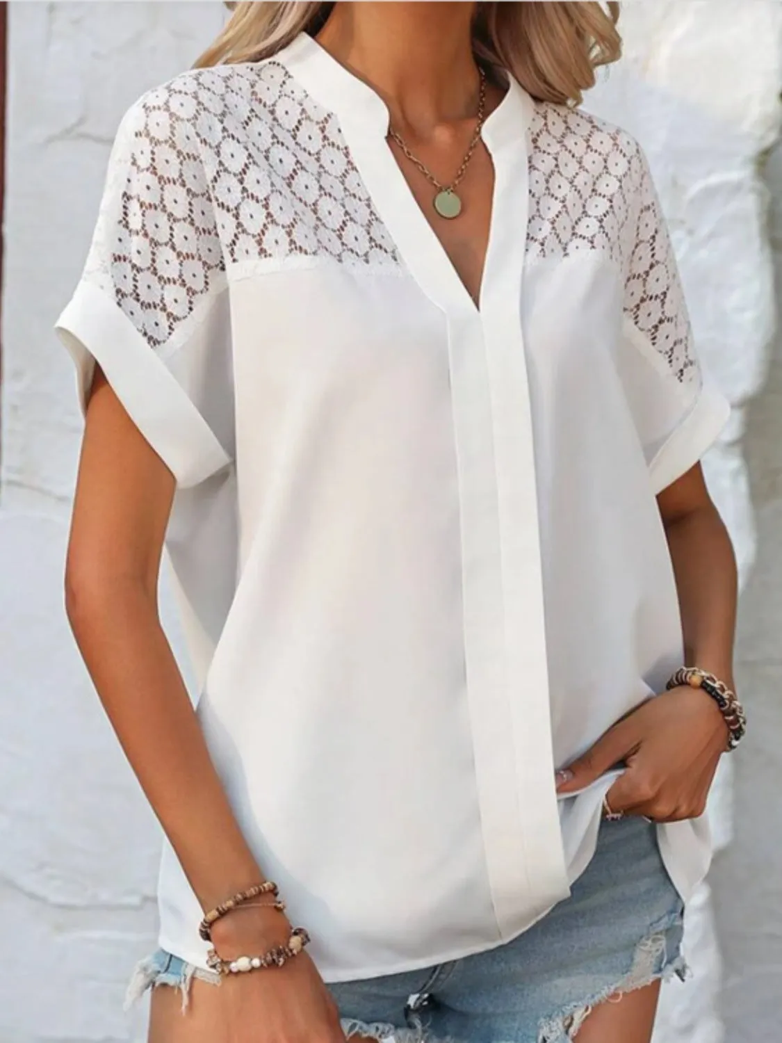 Openwork Notched Short Sleeve Blouse