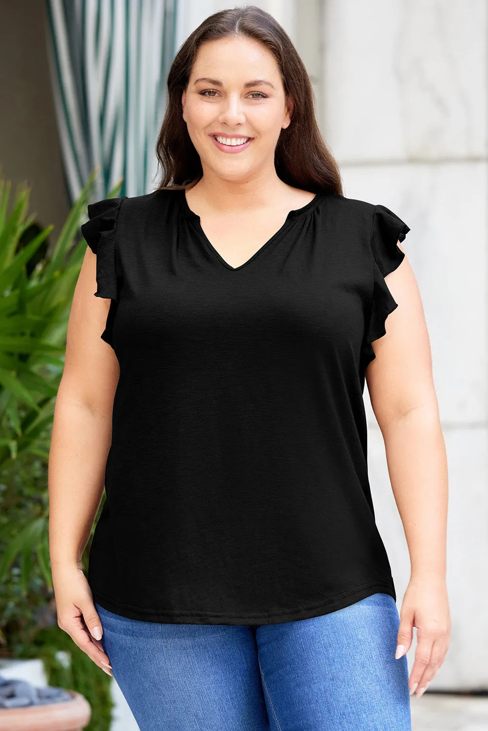 Plus Size Flutter Sleeve Notched Blouse