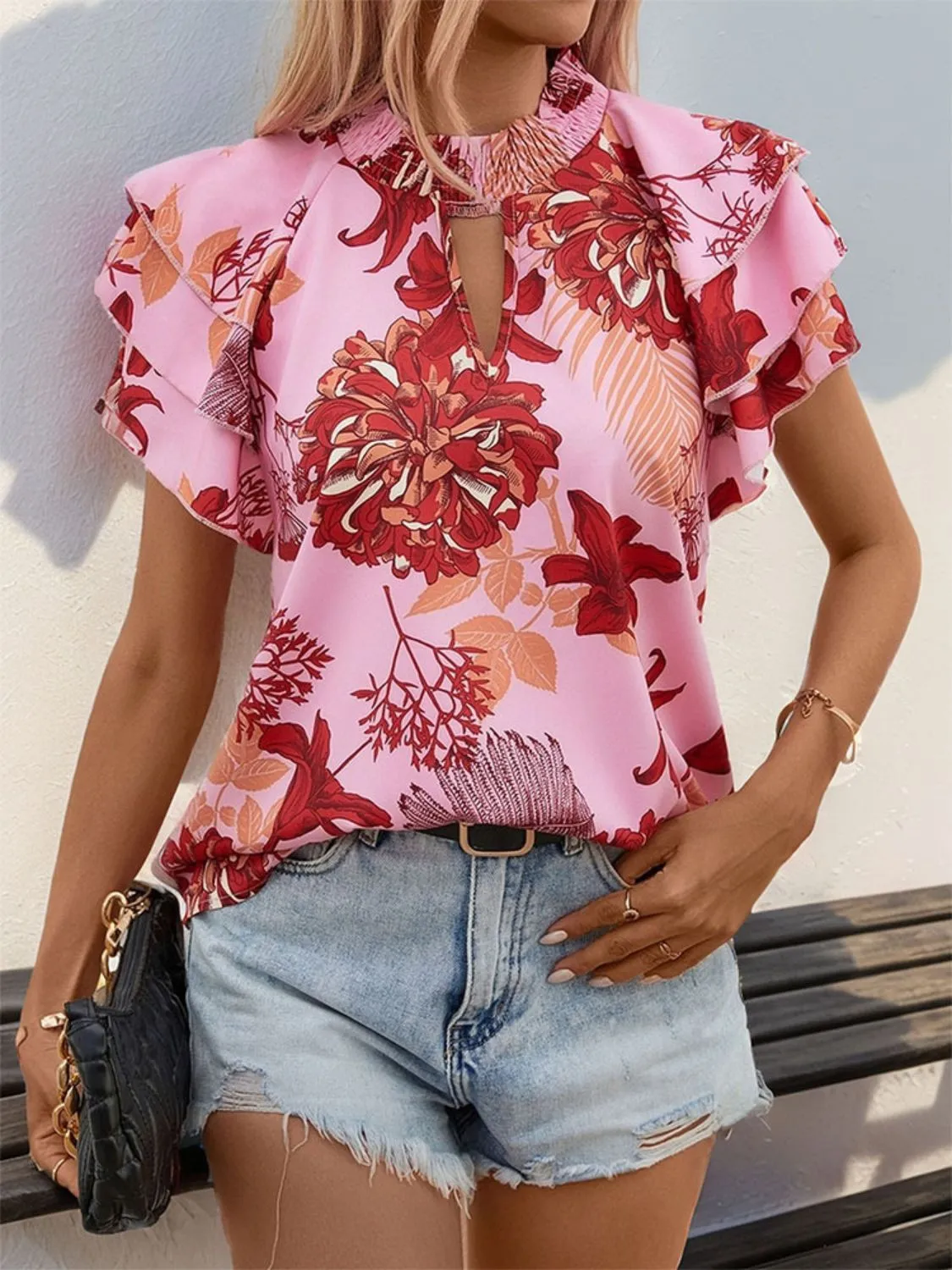 Ruffled Printed Round Neck Short Sleeve Blouse